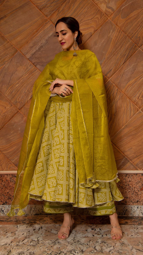 Pomcha Jaipur Bandhej Mehendi Green Cotton Anarkali Set
